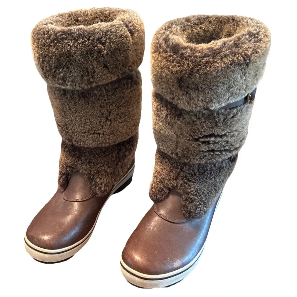 UGG 1001374 Brown Leather Fur‎ Buckle Winter Boots Womens Size 7 EU 38
